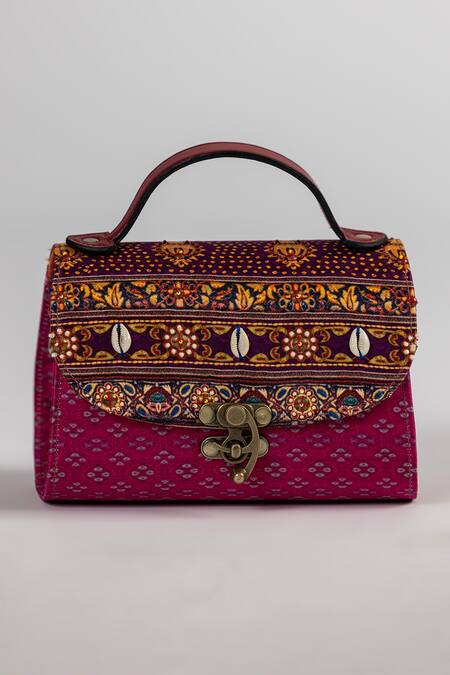 The Garnish Company_Magenta Embroidery, Beads, Stones Avani Bandhej Print Dual Handle Bag _Online_at_Aza_Fashions