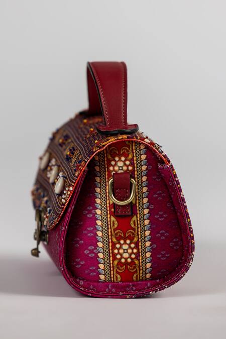 Buy_The Garnish Company_Magenta Embroidery, Beads, Stones Avani Bandhej Print Dual Handle Bag _Online_at_Aza_Fashions