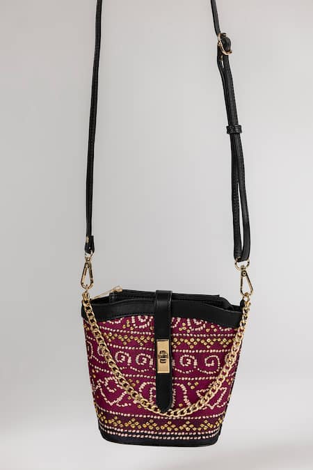 The Garnish Company Esha Bandhej Print Bucket Bag with Dual Sling 