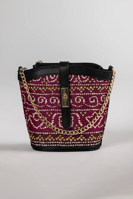 Buy_The Garnish Company_Burgundy Esha Bandhej Print Bucket Bag With Dual Sling _Online_at_Aza_Fashions