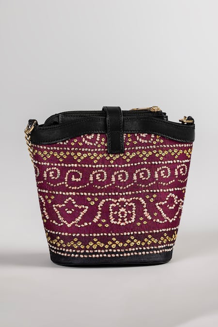 The Garnish Company Esha Bandhej Print Bucket Bag with Dual Sling 