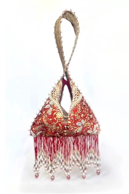 The Garnish Company Mayuri Brocade Print Fold Potli Bag with Tassels 