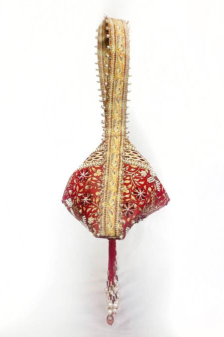 The Garnish Company_Red Beads, Tassels, Embroidery, Sequins Mayuri Brocade Print Fold Potli Bag With _Online_at_Aza_Fashions