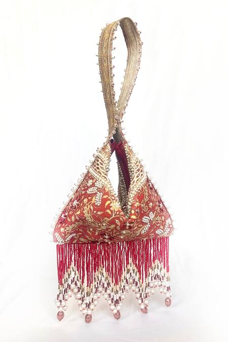 Buy_The Garnish Company_Red Beads, Tassels, Embroidery, Sequins Mayuri Brocade Print Fold Potli Bag With _Online_at_Aza_Fashions