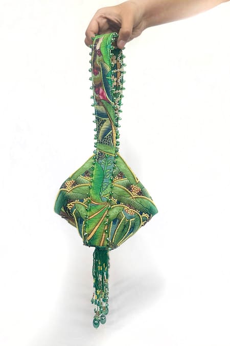 The Garnish Company_Green Beads, Tassels Vrinda Forest Deer Print Fold Potli Bag _Online_at_Aza_Fashions