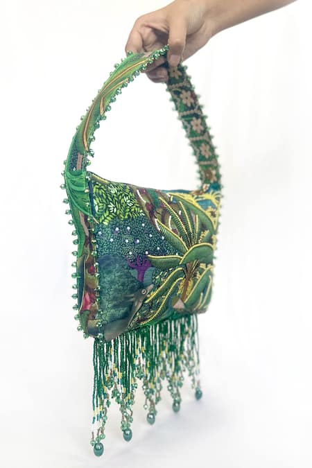 Buy_The Garnish Company_Green Beads, Tassels Vrinda Forest Deer Print Fold Potli Bag _Online_at_Aza_Fashions