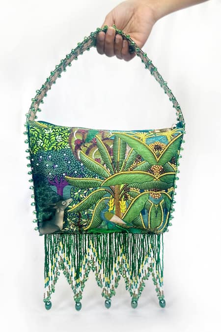 The Garnish Company Vrinda Green Forest Deer Print Fold Potli Bag 
