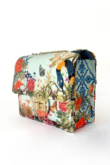 The Garnish Company_Blue Beads Floral Border Snake And Bug Print Turn Lock Bag _Online_at_Aza_Fashions