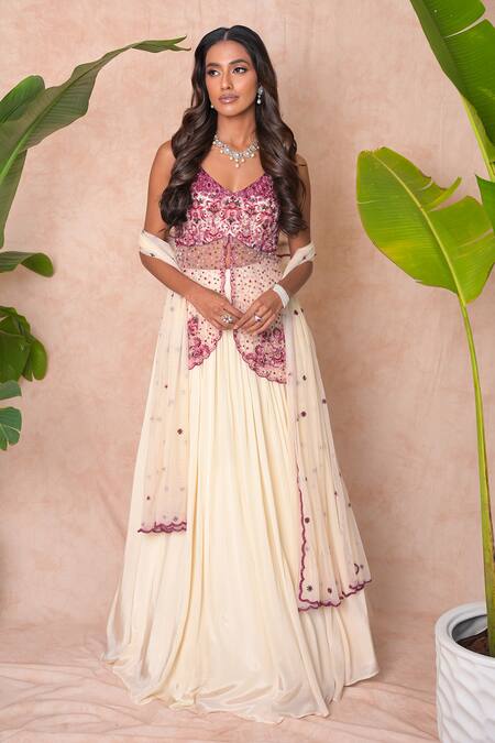 Vridhi Somaani_Ivory Crepe, Net Sequins, Embroidery V-neck Ivara Lehenga Set _Online_at_Aza_Fashions