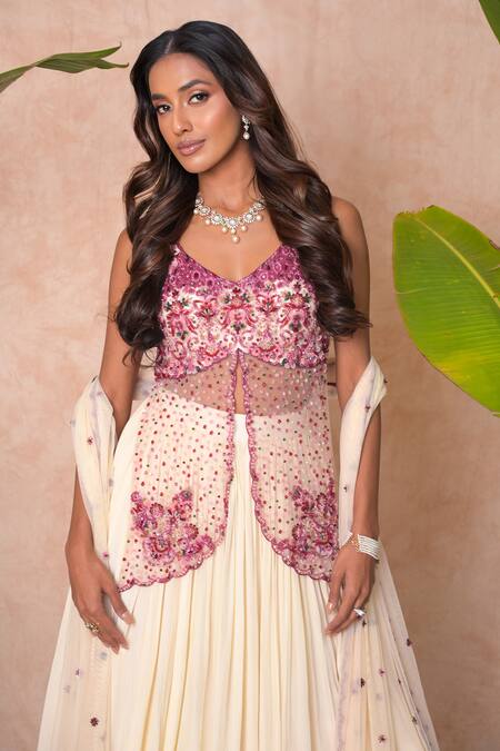 Buy_Vridhi Somaani_Ivory Crepe, Net Sequins, Embroidery V-neck Ivara Lehenga Set _Online_at_Aza_Fashions