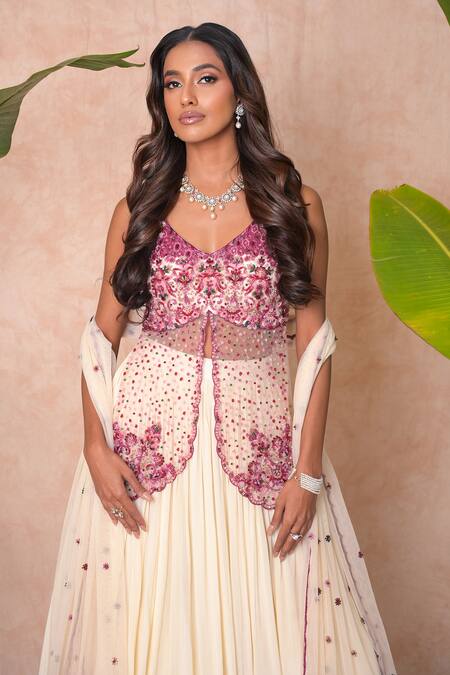 Shop_Vridhi Somaani_Ivory Crepe, Net Sequins, Embroidery V-neck Ivara Lehenga Set _Online_at_Aza_Fashions