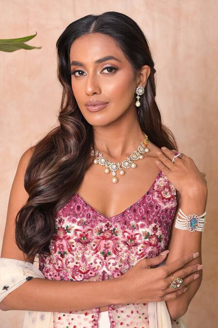 Vridhi Somaani_Ivory Crepe, Net Sequins, Embroidery V-neck Ivara Lehenga Set _at_Aza_Fashions