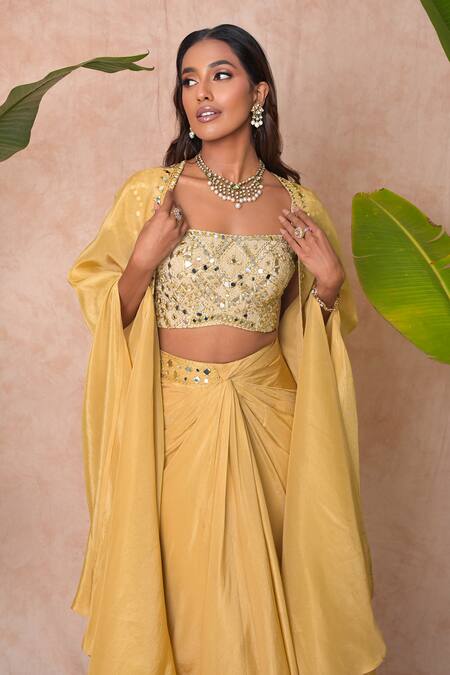 Vridhi Somaani_Gold Tissue Mirrors, Embroidery Square Neck, Open Tira Long Cape And Skirt Set _Online_at_Aza_Fashions