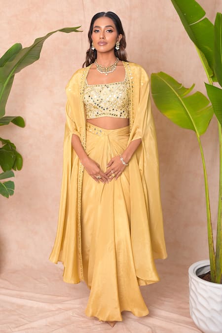 Buy_Vridhi Somaani_Gold Tissue Mirrors, Embroidery Square Neck, Open Tira Long Cape And Skirt Set _Online_at_Aza_Fashions