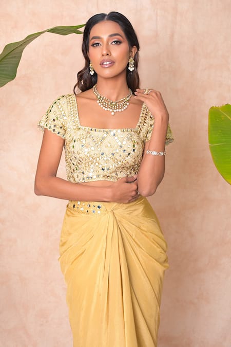 Shop_Vridhi Somaani_Gold Tissue Mirrors, Embroidery Square Neck, Open Tira Long Cape And Skirt Set _Online_at_Aza_Fashions