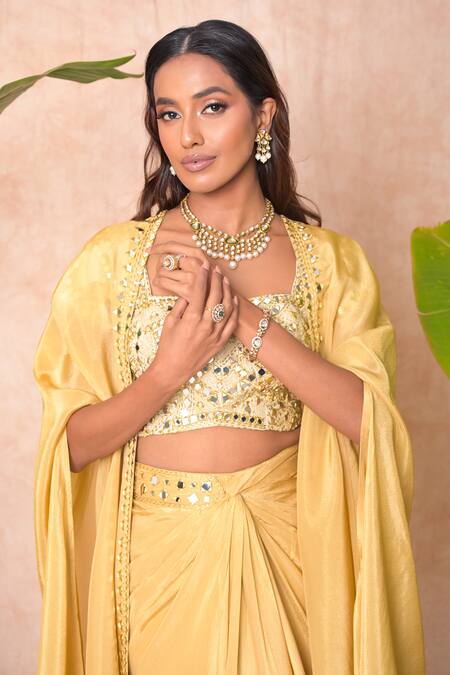 Buy_Vridhi Somaani_Gold Tissue Mirrors, Embroidery Square Neck, Open Tira Long Cape And Skirt Set 