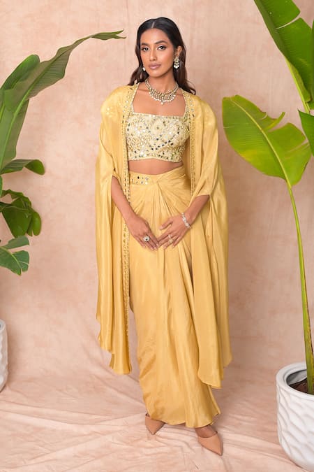 Shop_Vridhi Somaani_Gold Tissue Mirrors, Embroidery Square Neck, Open Tira Long Cape And Skirt Set 