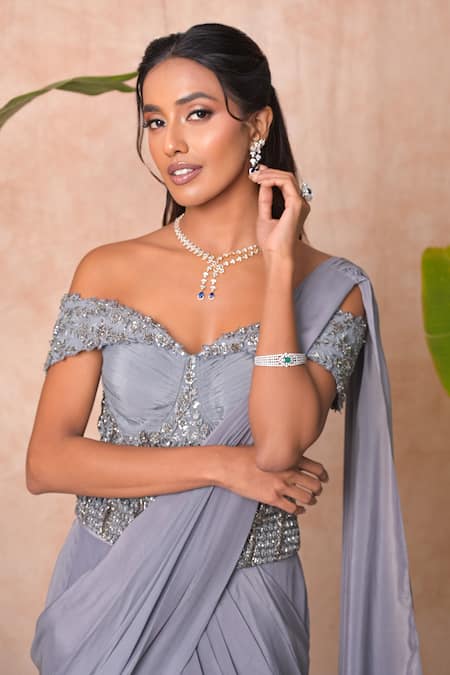 Vridhi Somaani_Gray Crepe, Net Embroidery, Beads, Sequins Juliet Pre-draped Saree And Corset Set _Online_at_Aza_Fashions
