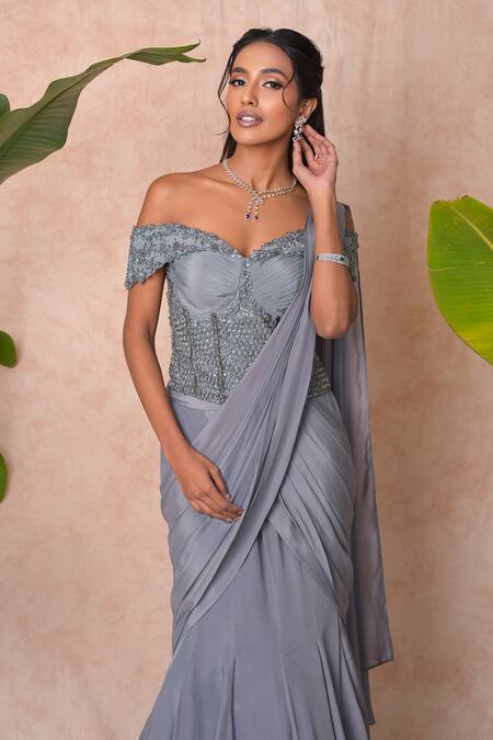 Buy_Vridhi Somaani_Gray Crepe, Net Embroidery, Beads, Sequins Juliet Pre-draped Saree And Corset Set _Online_at_Aza_Fashions