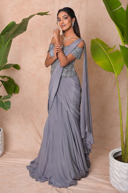 Shop_Vridhi Somaani_Gray Crepe, Net Embroidery, Beads, Sequins Juliet Pre-draped Saree And Corset Set _Online_at_Aza_Fashions