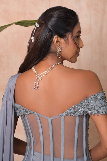 Buy_Vridhi Somaani_Gray Crepe, Net Embroidery, Beads, Sequins Juliet Pre-draped Saree And Corset Set 
