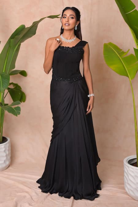 Buy_Vridhi Somaani_Black Satin, Georgette, Net, Chiffon Victoria Pre-draped Saree And Corset Set _Online_at_Aza_Fashions