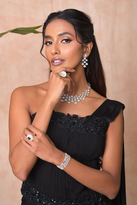 Shop_Vridhi Somaani_Black Satin, Georgette, Net, Chiffon Victoria Pre-draped Saree And Corset Set _Online_at_Aza_Fashions