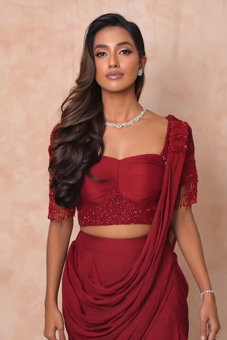 Vridhi Somaani_Maroon Chiffon, Net Beads, Embroidery Nysa Pre-draped Saree With Blouse _Online_at_Aza_Fashions