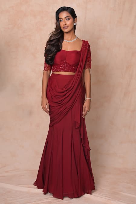 Buy_Vridhi Somaani_Maroon Chiffon, Net Beads, Embroidery Nysa Pre-draped Saree With Blouse _Online_at_Aza_Fashions
