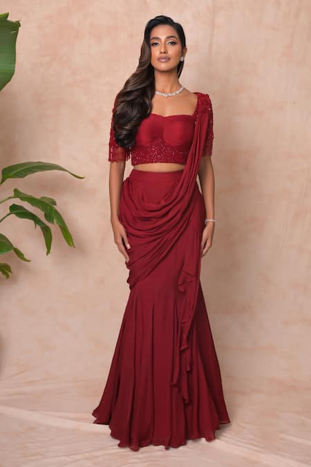 Shop_Vridhi Somaani_Maroon Chiffon, Net Beads, Embroidery Nysa Pre-draped Saree With Blouse _Online_at_Aza_Fashions