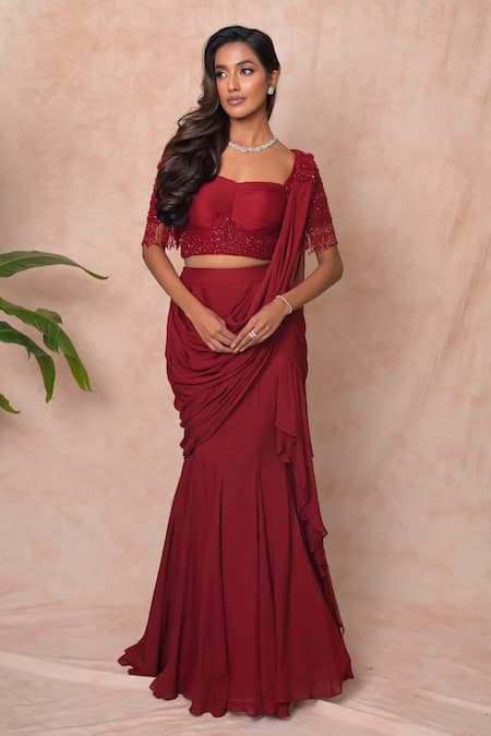 Vridhi Somaani_Maroon Chiffon, Net Beads, Embroidery Nysa Pre-draped Saree With Blouse _at_Aza_Fashions