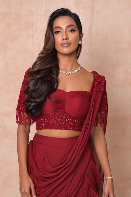 Buy_Vridhi Somaani_Maroon Chiffon, Net Beads, Embroidery Nysa Pre-draped Saree With Blouse 