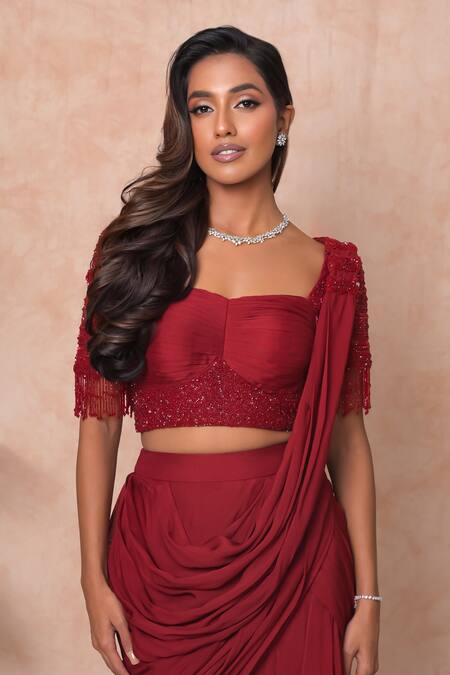 Shop_Vridhi Somaani_Maroon Chiffon, Net Beads, Embroidery Nysa Pre-draped Saree With Blouse 