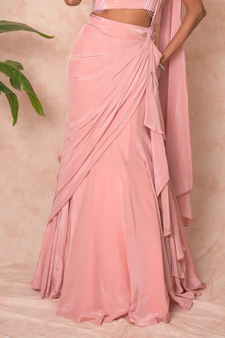 Vridhi Somaani_Pink Crepe, Net Embroidery Square Sylvie Pre-draped Saree With Ruched Blouse _Online_at_Aza_Fashions