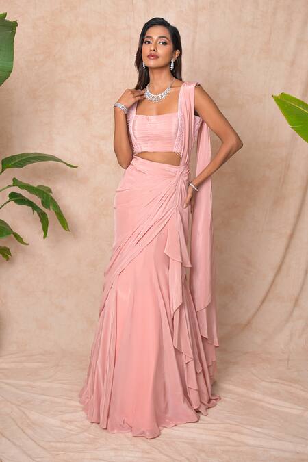 Shop_Vridhi Somaani_Pink Crepe, Net Embroidery Square Sylvie Pre-draped Saree With Ruched Blouse _Online_at_Aza_Fashions