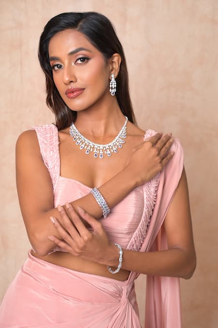 Vridhi Somaani_Pink Crepe, Net Embroidery Square Sylvie Pre-draped Saree With Ruched Blouse _at_Aza_Fashions