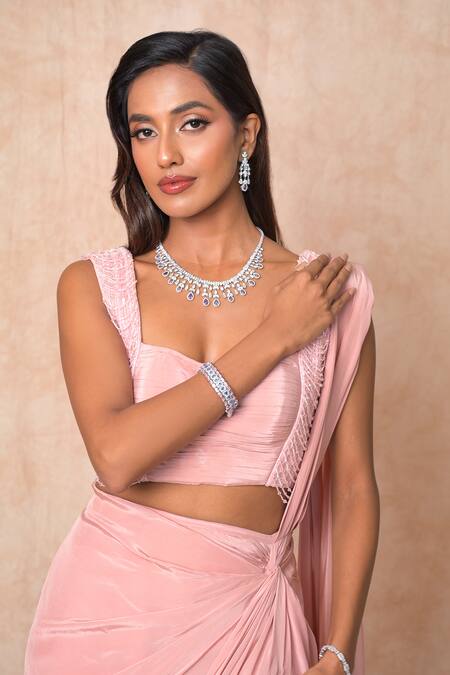 Buy_Vridhi Somaani_Pink Crepe, Net Embroidery Square Sylvie Pre-draped Saree With Ruched Blouse 