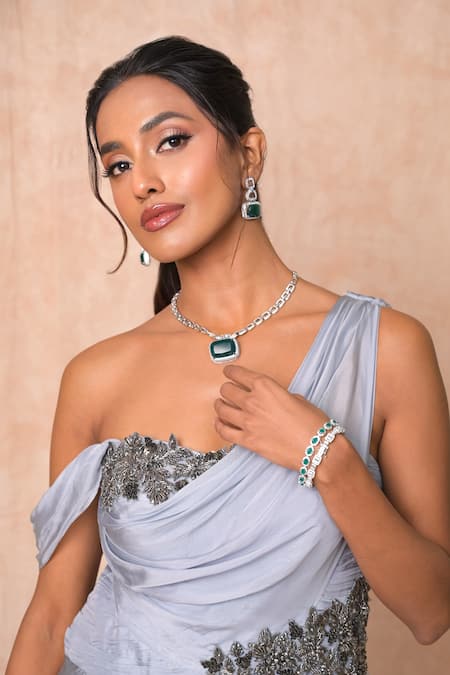 Buy_Vridhi Somaani_Gray Chiffon, Net Embroidery, Stones One Shoulder Grace Draped Gown _Online_at_Aza_Fashions