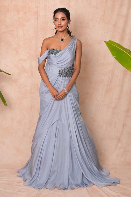 Vridhi Somaani Gray Chiffon, Net Embroidery, Stones One Shoulder Grace Draped Gown 