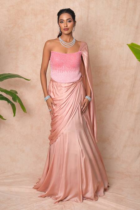 Buy_Vridhi Somaani_Pink Satin, Georgette, Net Embroidery Square Elara Corset With Pre-draped Saree _Online_at_Aza_Fashions