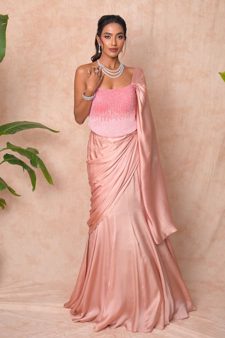 Vridhi Somaani_Pink Satin, Georgette, Net Embroidery Square Elara Corset With Pre-draped Saree _at_Aza_Fashions