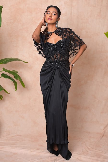Vridhi Somaani_Black Satin, Net Beads, Sequins, Embroidery Open Neck, Mindy Cape And Skirt Set _Online_at_Aza_Fashions