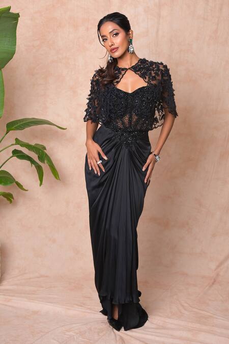 Buy_Vridhi Somaani_Black Satin, Net Beads, Sequins, Embroidery Open Neck, Mindy Cape And Skirt Set _Online_at_Aza_Fashions
