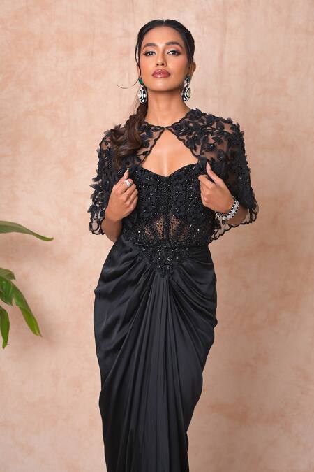 Shop_Vridhi Somaani_Black Satin, Net Beads, Sequins, Embroidery Open Neck, Mindy Cape And Skirt Set _Online_at_Aza_Fashions