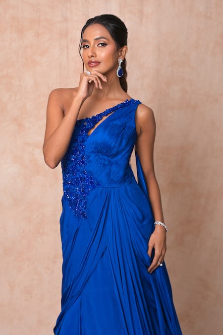 Buy_Vridhi Somaani_Blue Chiffon, Net Embroidery, Beads One Shoulder Irene Draped Gown _Online_at_Aza_Fashions