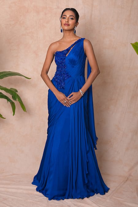 Vridhi Somaani Blue Chiffon, Net Embroidery, Beads One Shoulder Irene Draped Gown 