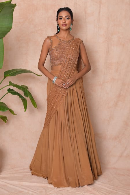 Vridhi Somaani Brown Crepe, Net Sequins, Embroidery Bella Pre-draped Lehenga Saree With Blouse 