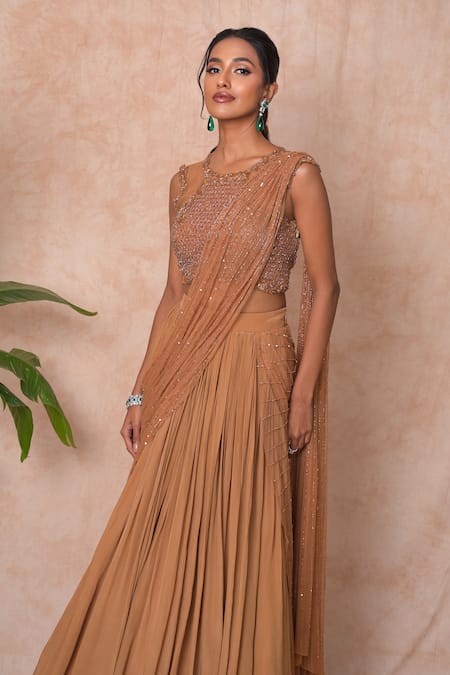 Vridhi Somaani_Brown Crepe, Net Sequins, Embroidery Bella Pre-draped Lehenga Saree With Blouse _Online_at_Aza_Fashions