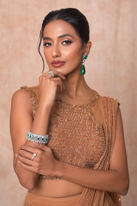 Buy_Vridhi Somaani_Brown Crepe, Net Sequins, Embroidery Bella Pre-draped Lehenga Saree With Blouse _Online_at_Aza_Fashions