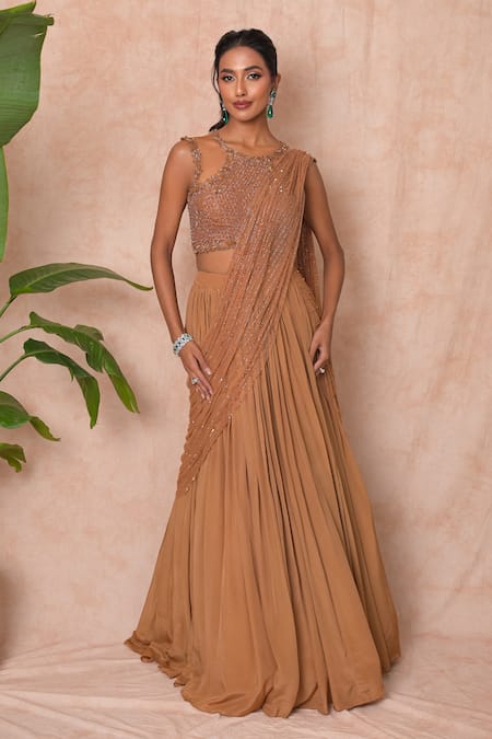 Shop_Vridhi Somaani_Brown Crepe, Net Sequins, Embroidery Bella Pre-draped Lehenga Saree With Blouse _Online_at_Aza_Fashions